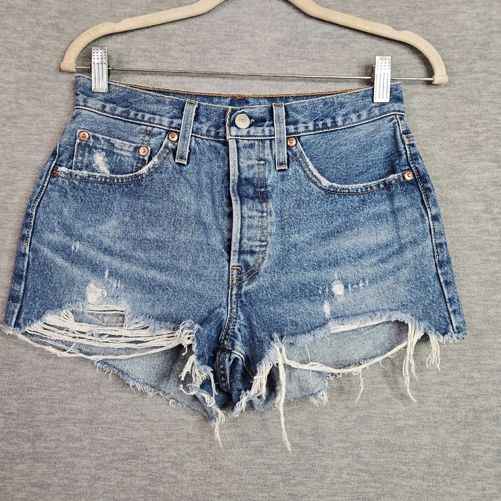 Levi's 501 Women Denim Shorts W26 Blue Distressed Cutoff Frayed Jean Shorts